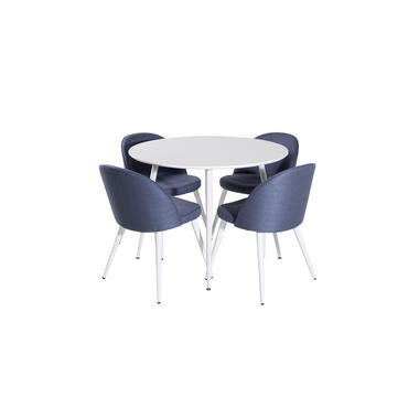 Hioshop PlazaWHWH100 eethoek eetkamertafel wit en 4 Velvet eetkamerstal blauw product