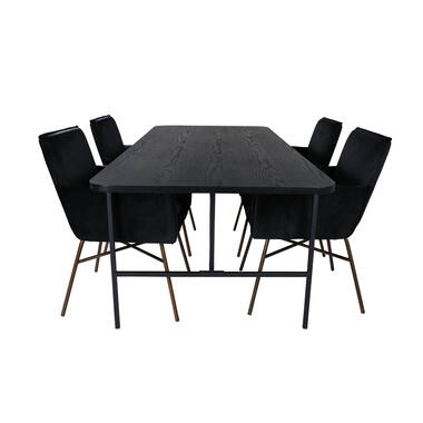 Hioshop UnoBL eethoek eetkamertafel zwart en 4 Pippi eetkamerstal velours product