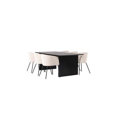 Hioshop Vail eethoek tafel zwart en 6 berit stoelen beige product