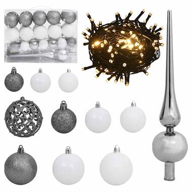 vidaXL Set de boules de Noël avec pic et 150 LED 61 pcs Blanc et gris product