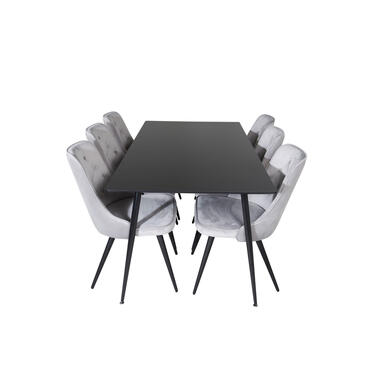 Hioshop SilarBL180 eethoek eetkamertafel zwart en 6 Velvet Deluxe eetkamerstal product