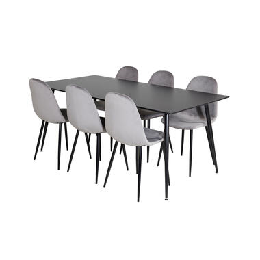 Hioshop SilarBL180 eethoek eetkamertafel zwart en 6 Polar eetkamerstal velours product