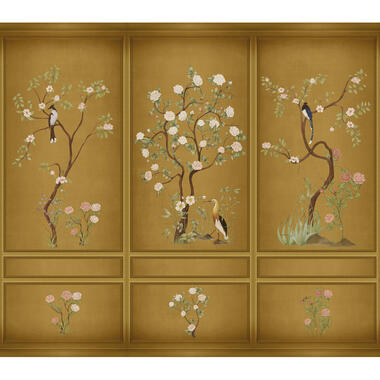Sanders & Sanders fotobehangpapier - bloemen en vogels - okergeel product