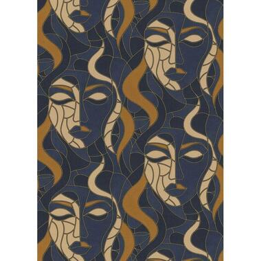 Erismann behangpapier - gezichten - blauw en bruin - 53 cm x 10.05 m product