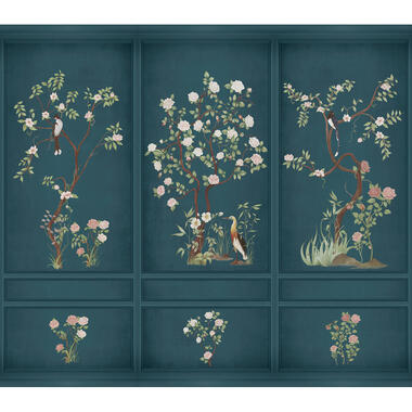Sanders & Sanders fotobehangpapier - bloemen en vogels - petrolblauw product