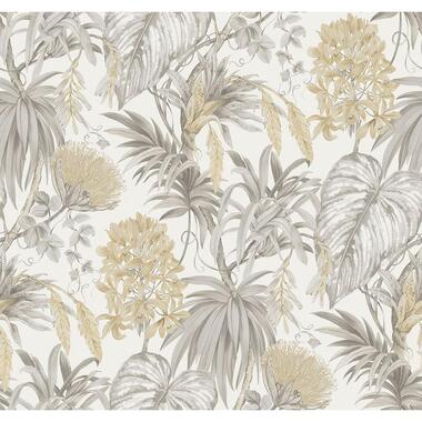 Sanders & Sanders behangpapier - tropische bladeren - beige, grijs en geel product