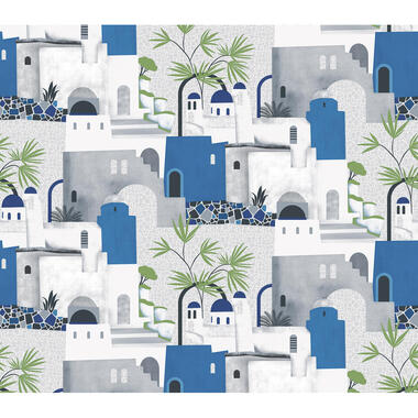 Sanders & Sanders fotobehangpapier - mediterrane huisjes - grijs en blauw product