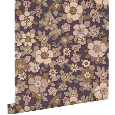 ESTAhome papier peint - fleurs rétro - violet foncé et beige - 50 x 900 cm product