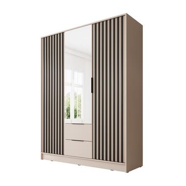 Meubella - Kleerkast Nairobi - Beige - Zwart - 155 cm - met spiegel product