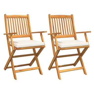 vidaXL - Tuinstoelen inklapbaar met wit kussen -Massief acaciahout - 2 stuks product