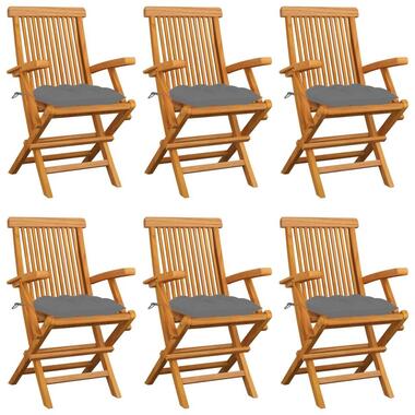 vidaXL - Tuinstoelen met grijze kussens - Massief teakhout - 6 stuks product
