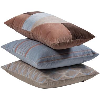 WOOOD Laon Kussens - Velvet stof - Naturel/Blauw - Set Van 3 product