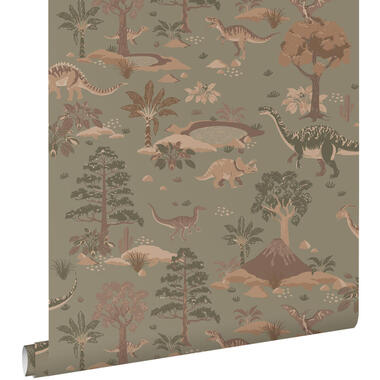 ESTAhome behangpapier - dinosaurussen - vergrijsd groen en bruin - 50 x 900 cm product