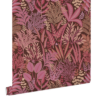 ESTAhome behangpapier - tropische bladeren en bloemen - aubergine paars en roze product