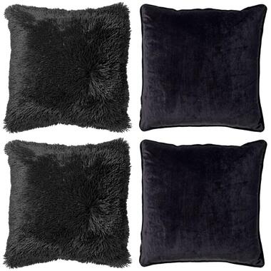 KUSSENSET - 4-delig Fluffy & Velvet - 45x45 cm - inclusief binnenkussens - zwart product