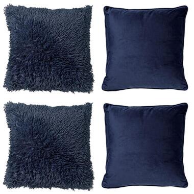 KUSSENSET - 4-delig Fluffy & Velvet - 45x45 cm - inclusief binnenkussens - blauw product