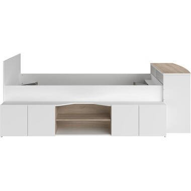 Kinderbed Clio 90x200 met opbergruimte en bureau - wit/eikdecor