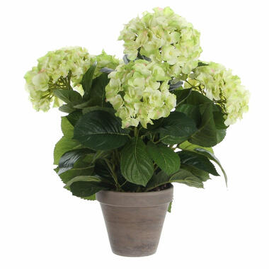Kunstplant hortensia - lichtgroen - in grijze pot - Hydrangea - 45 cm product