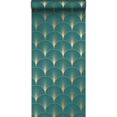 ESTAhome behangpapier - art deco motief - petrolblauw en goud - 0,53 x 10,05 m product