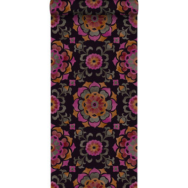 Origin behang - suzani bloemen - zwart, oranje en roze - 53 cm x 10,05 product