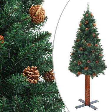 vidaXL Sapin de Noël mince avec bois véritable et cônes vert 150cm PVC product