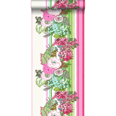 ESTAhome behangpapier - vintage bloemen - roze en limegroen product