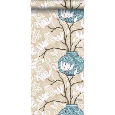 Origin behang - magnolia - beige en turquoise - 53 cm x 10,05 m product