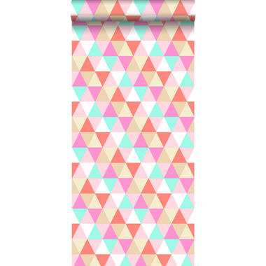 ESTAhome papier peint - triangles - rose, turquoise et corail rouge product