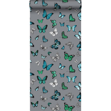 ESTAhome papier peint - papillons - argent et turquoise product