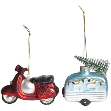 Kerstballen Scooter en Caravan - glas - set product