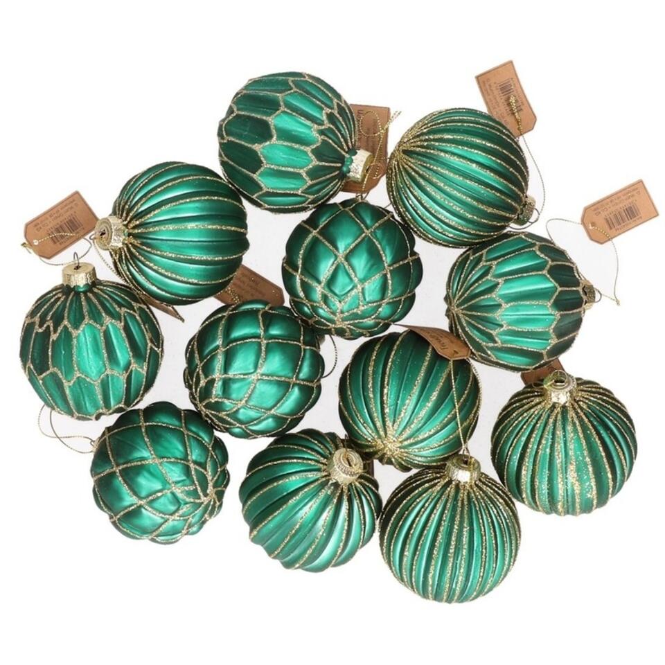 Ondergeschikt is er kwaad 12x Groene glazen kerstballen met zilveren decoratie 8 cm | Leen Bakker