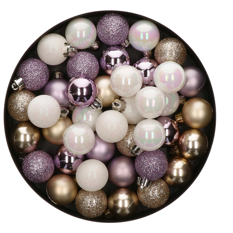 48x Stuks kunststof kerstballen mix parelmoer wit/champagne/lila paars 4 cm | Leen
