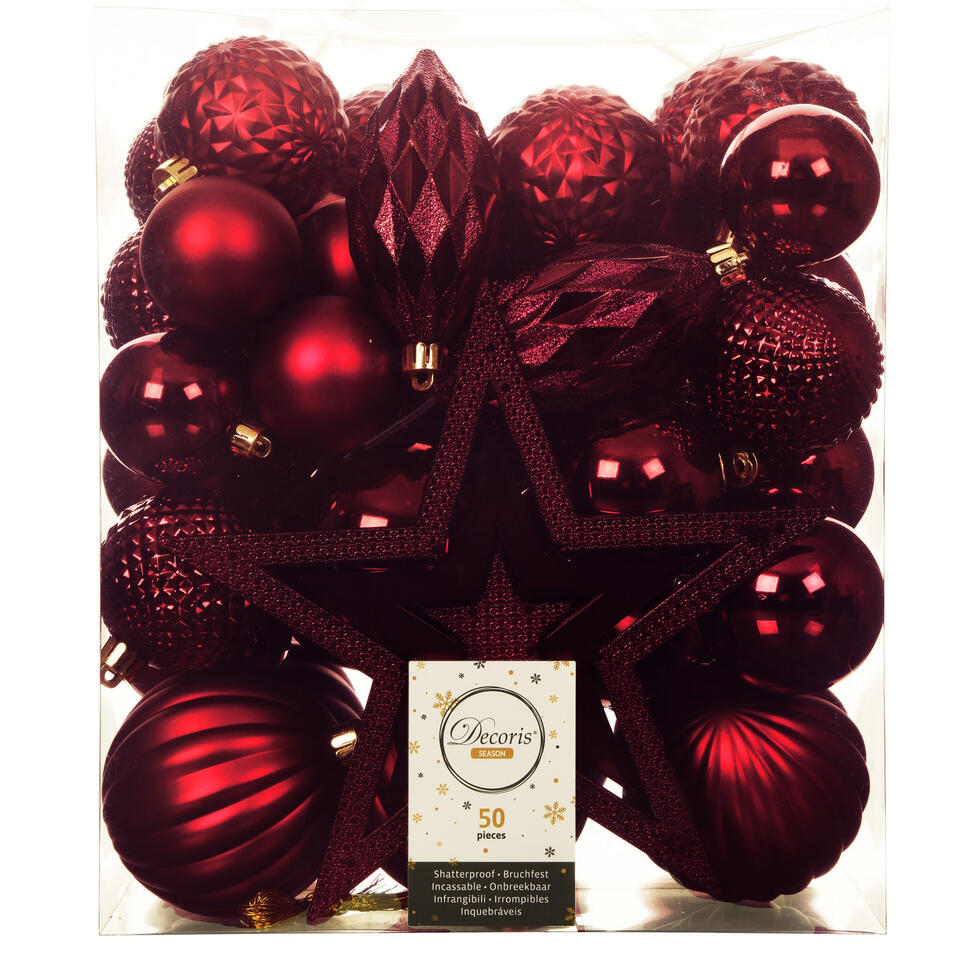 Decoris Kerstballen met piek 49st - kunststof donkerrood 5-6-8-10cm | Leen