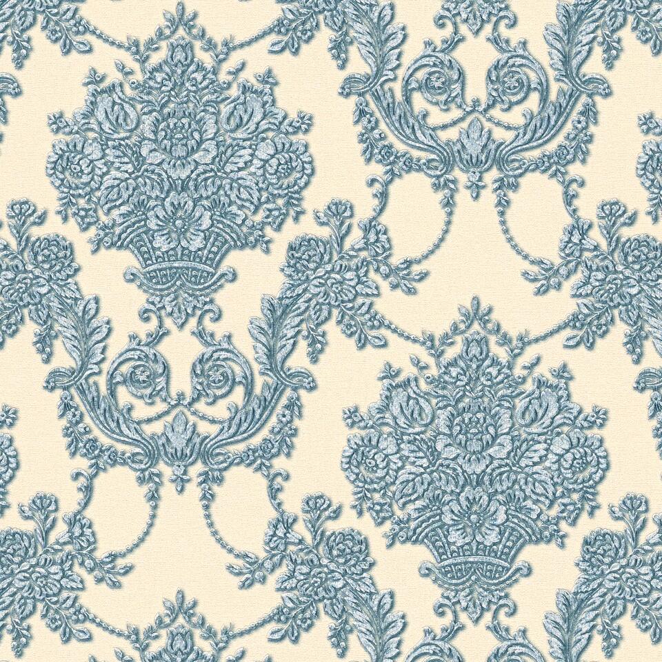 behangpapier - barokprint - blauw, zilver en zandkleurig | Bakker