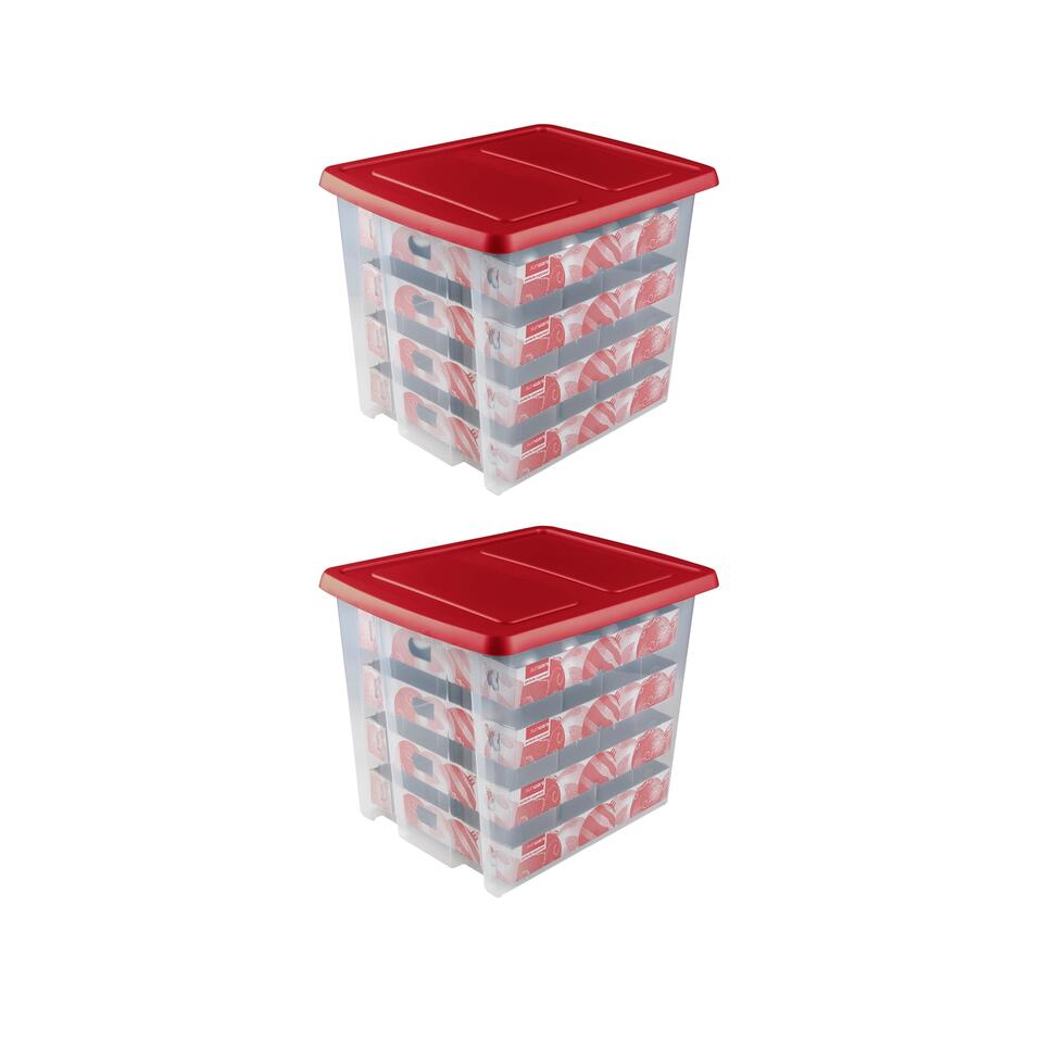 Q-line boîte de rangement Noël 72L avec insert pour 128 boules transparent  rouge