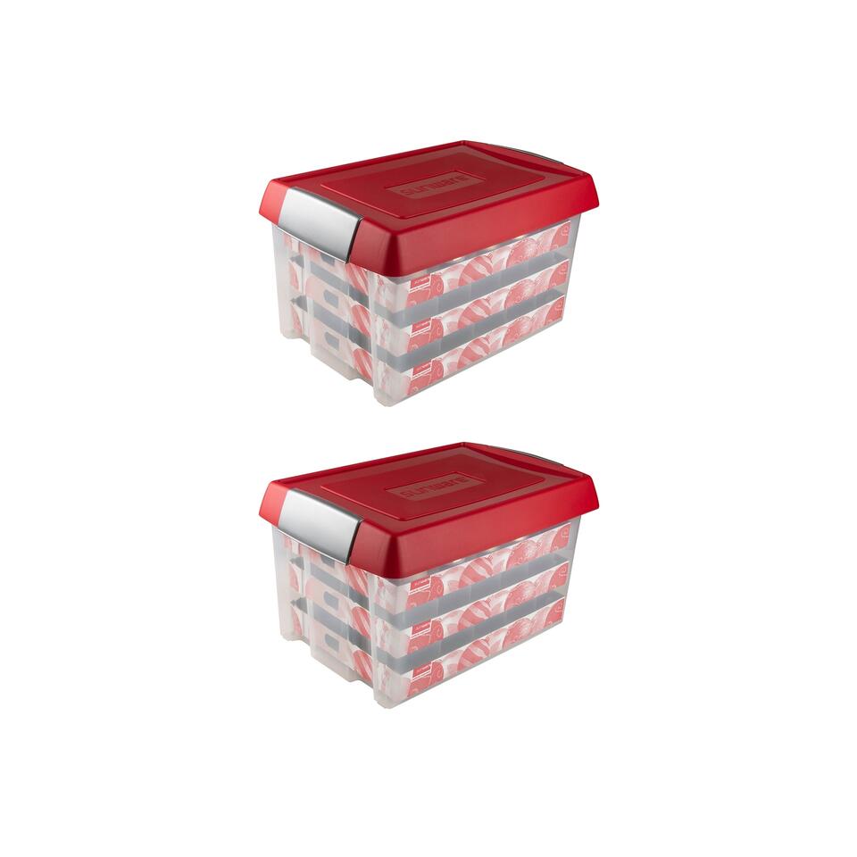Q-line boîte de rangement Noël 72L avec insert pour 128 boules transparent  rouge