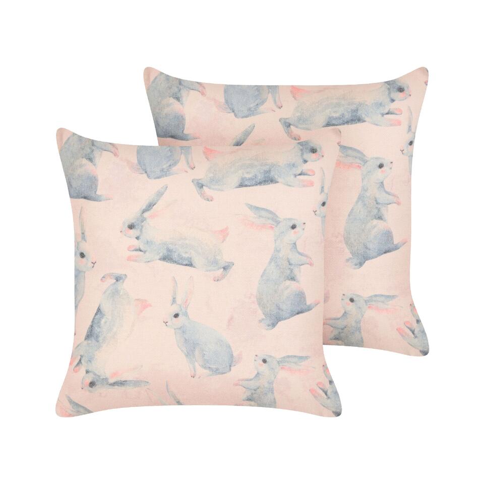 Lot de 2 coussins en coton à motif de lapin rose 45 x 45 cm