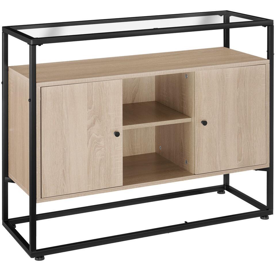 Buffet Style Industriel 71x32x82 Cm - 3 Compartiments Ouverts + 1 Fermé - Plateau Bois Clair - Rangement Cuisine/Salon