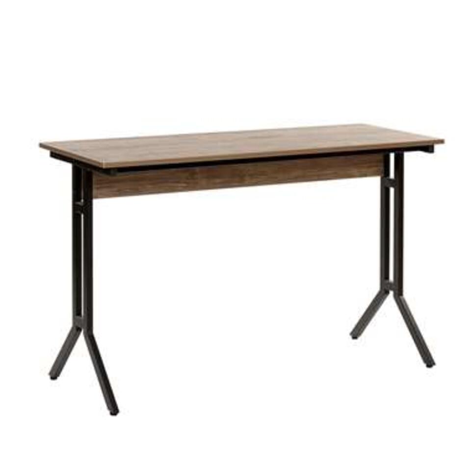 Bureau 120 x 50 cm Effet Bois Foncé avec 2 Tiroirs et Pieds en Métal Noir