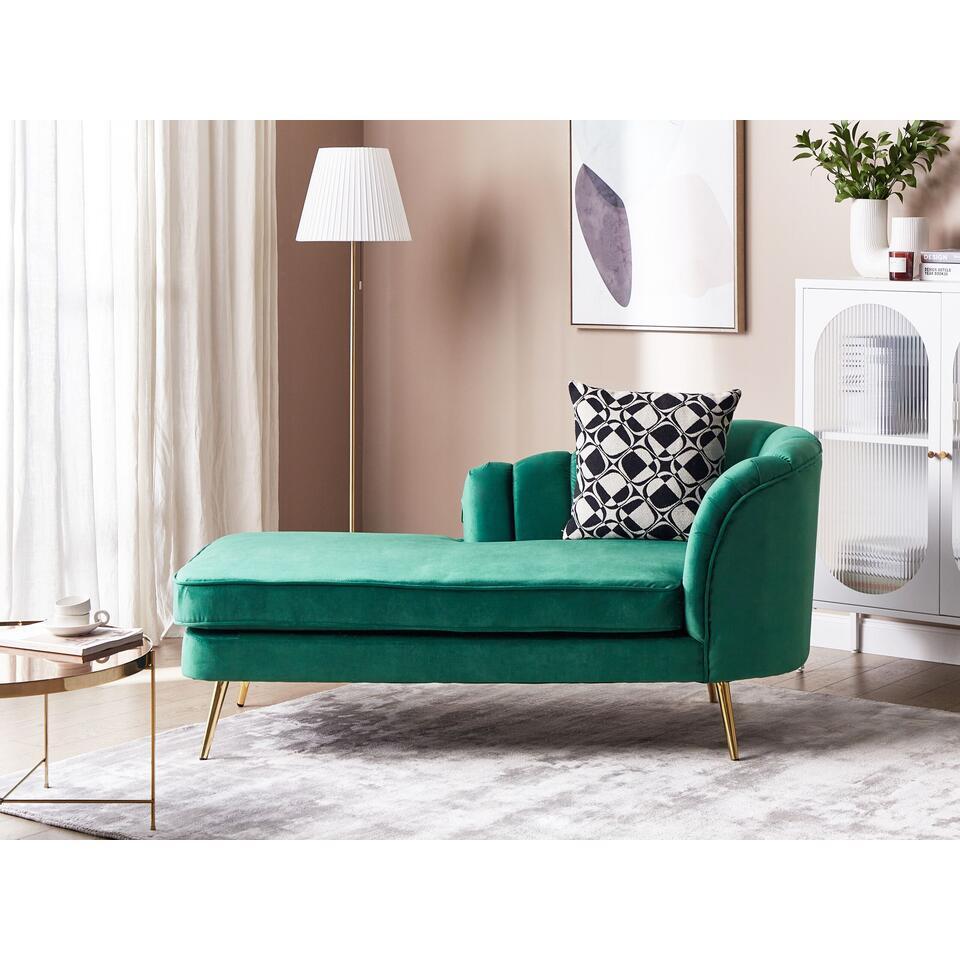 Chaise Longue Méridienne Beliani Côté Gauche Velours Vert - Avec Rangement, Style Chesterfield Glamour - Dimensions 160x70x77 Cm