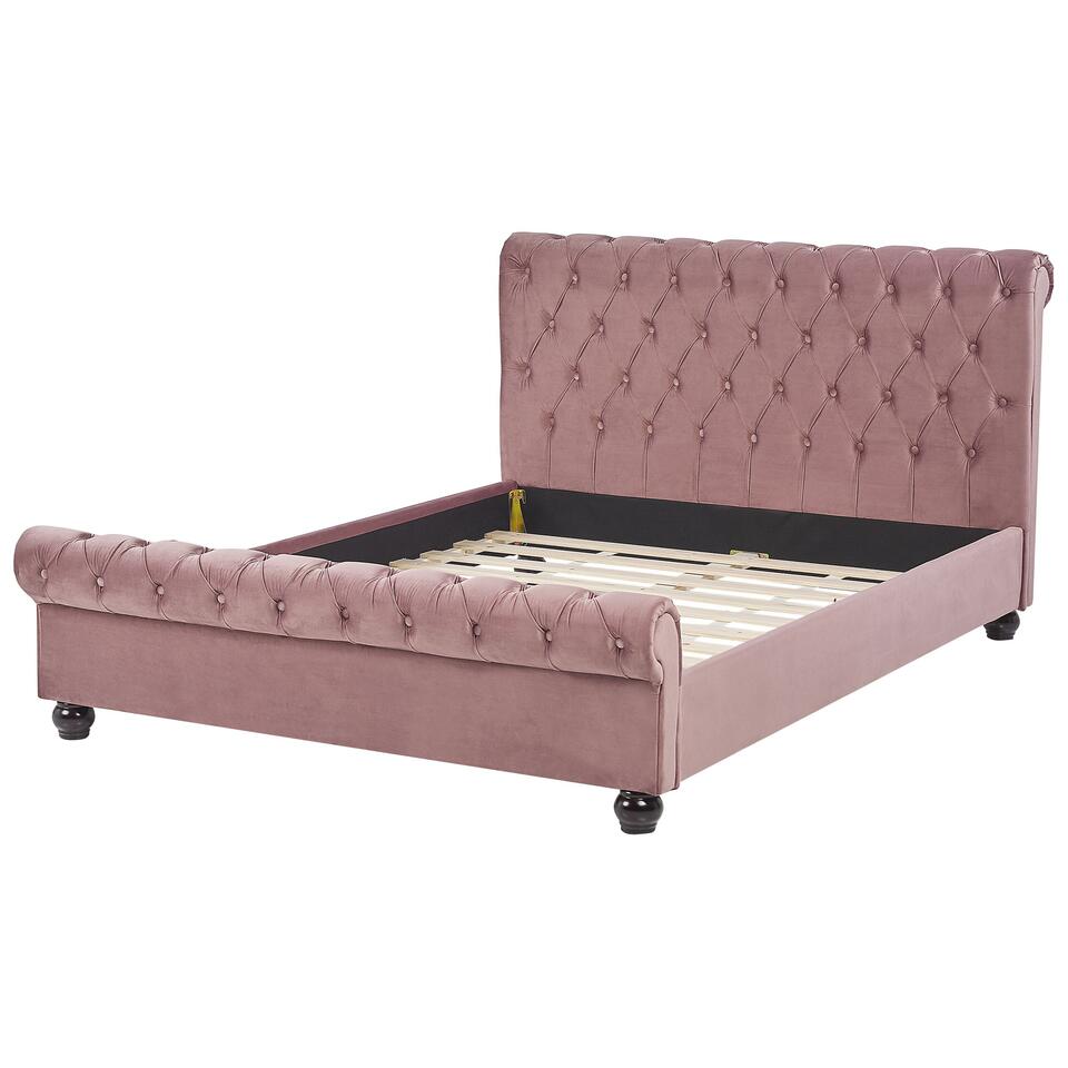 Lit double en velours rose avec banc coffre 140 x 200 cm NOYERS 