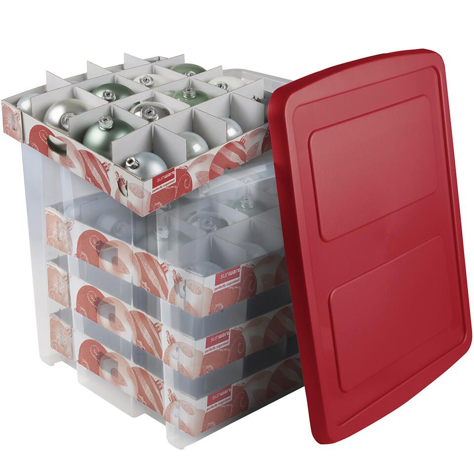Nesta boîte de rangement Noël 24L avec insert pour 45 boules transparent  rouge
